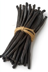 A bundle of aromatic vanilla pods tied with natural twine, showcasing the rich texture and dark color of this essential baking ingredient