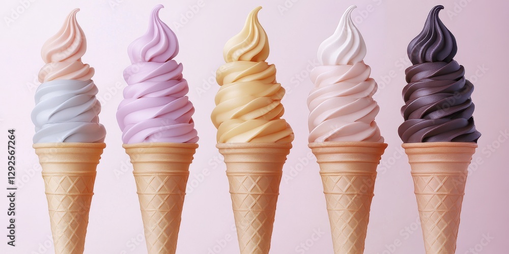 Poster a colorful array of soft-serve ice cream cones in various flavors displayed against a soft pink back