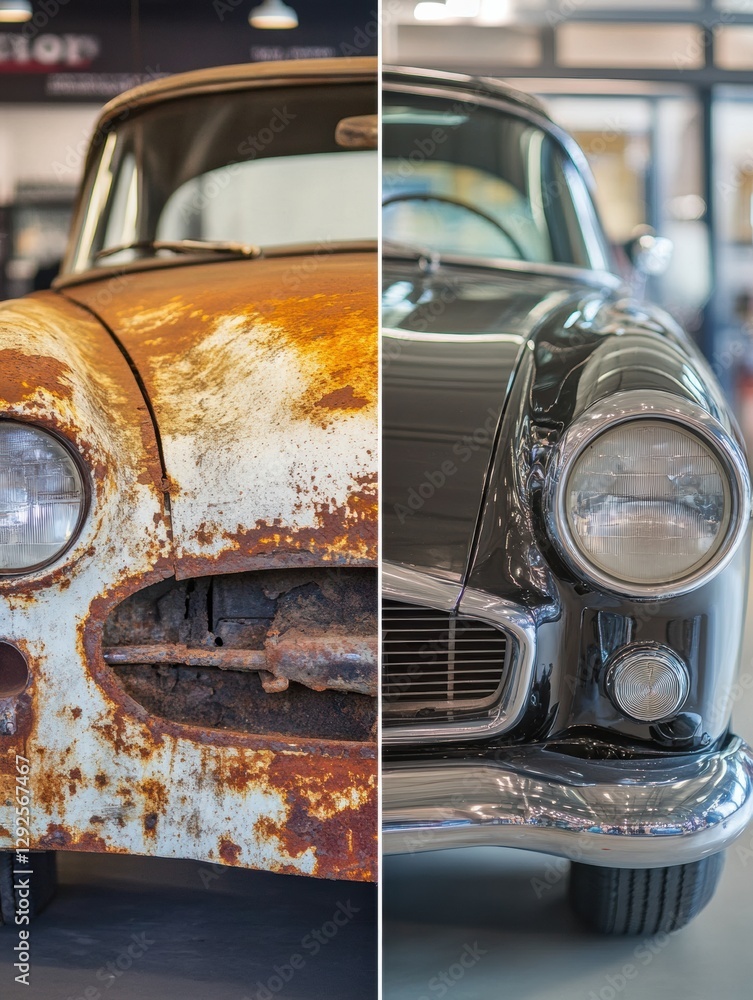 Poster Classic car transformation showcasing before and after restoration with side by side comparison of rusty and polished finishes. Generative AI