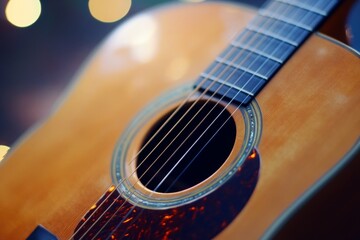 Obraz premium Stunning close up of an acoustic guitar set against a vibrant and colorful artistic background