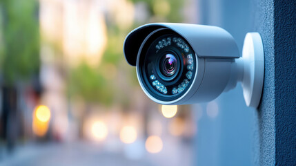 detailed close up of modern security camera mounted on wall, showcasing its lens and LED lights, with blurred urban background