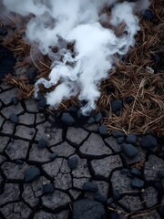 Obraz premium Cracked Earth and Burnt Grass with Smoke Filling the Air and Blackened Stones