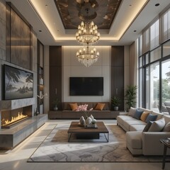 Elegant Modern Luxury Living Room with a Grand Crystal Chandelier, White and Gold Decor, Plush Sectional Sofa, and Contemporary Interior Design