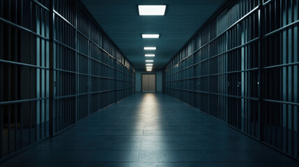 dimly lit jailhouse corridor with metal bars and stark atmosphere evokes sense of confinement and isolation. long hallway leads to closed door, enhancing feeling of seclusion