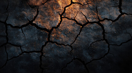 Dry cracked ground with dark textures and warm lighting creates dramatic effect. intricate patterns evoke sense of aridness and desolation