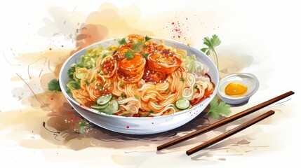 Colorful Watercolor Noodles with Fresh Ingredients and Garnishes