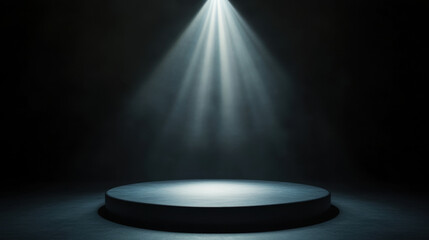 dramatic empty stage with single spotlight illuminating center, creating sense of anticipation and focus. surrounding darkness enhances spotlight effect