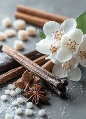 Fototapeta premium Aromatic spices with vanilla pods, cinnamon, star anise, sugar cubes, and white flowers arranged on a rustic surface for culinary inspiration