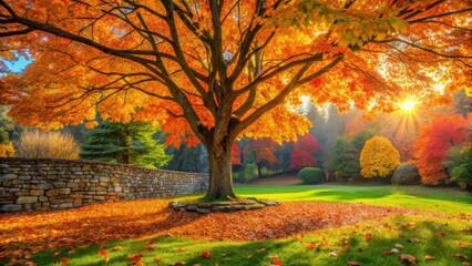 Autumnal Majesty A Sun-Dappled Landscape of Vibrant Fall Foliage and a Majestic Tree near a Stone Wall