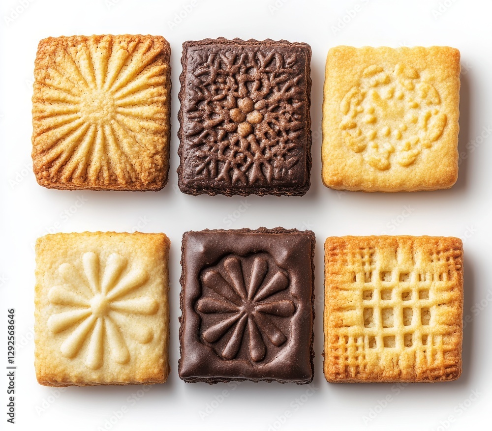 Poster assorted decorative square cookies on white background, featuring intricate patterns and textures fo