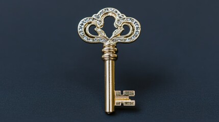 An ornate golden key adorned with sparkling stones lying on a dark surface symbolizes access secrets and hidden potential opportunities