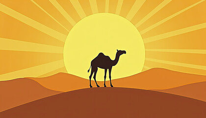 Fototapeta premium Camel silhouette against radiant sunburst in desert for travel blogs, tourism websites, spiritual content, and inspirational materials