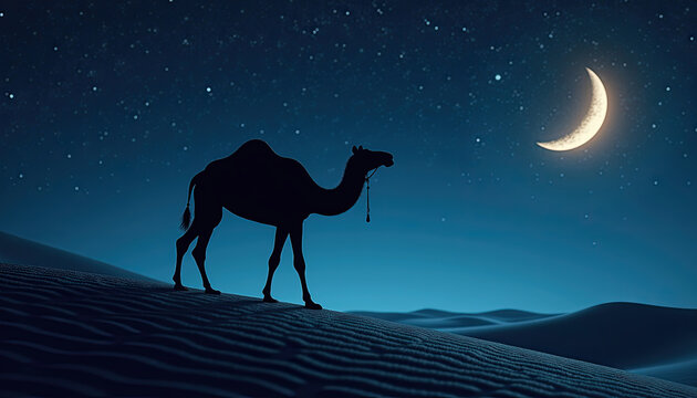 Camel silhouette under night sky with crescent moon for mystical desert themes, Arabian nights concepts, and cultural event promotions