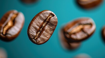 Fototapeta premium Coffee beans in mid-air on teal background