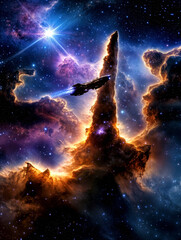 Fototapeta premium A futuristic spaceship sails through vibrant cosmic clouds illuminated by distant stars. The landscape is a mix of colors and shapes, creating a stunning view of the galaxy.