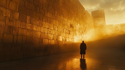 Fototapeta premium A peaceful moment of prayer at the Western Wall during sunset, sacred and solemn