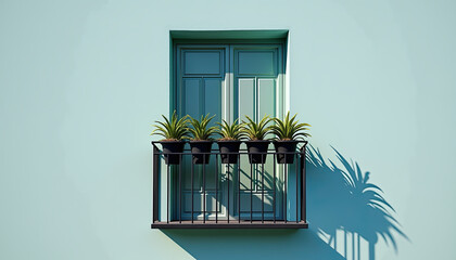 Minimalist balcony garden with potted plants against blue wall for small space urban gardening, perfect for apartment decoration websites and lifestyle blogs.