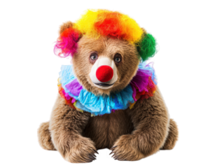 bear dressed as clown with colorful wig and big red nose, exuding playful and whimsical vibe. This charming character is sure to bring smiles and laughter