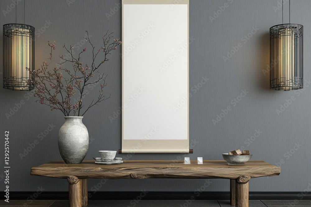 Poster light oak border frames vertical chinese scroll for displays.