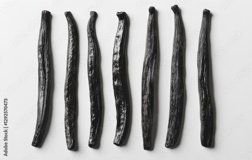 Poster black vanilla pods arranged in a neat row on a light background showcasing their unique textures and