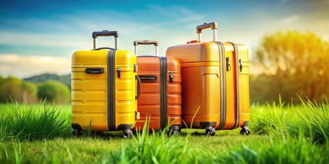Obraz premium Vibrant Travel Suitcases: Summer Vacation Trip, Orange Yellow Brown Luggage Stack, Green Background, Trolley Suitcases