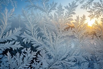 arafed frost on a window with the sun setting in the background