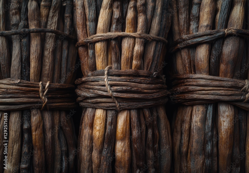 Aufkleber bunches of dried sticks tied with twine displayed together in a rustic arrangement for natural textu