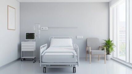 Fototapeta premium A modern hospital room featuring a bed, a chair, and medical equipment, designed for patient comfort and care.