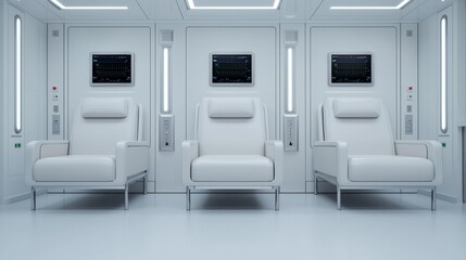 Fototapeta premium A minimalist interior featuring three sleek white chairs against a bright, sterile background, illuminated by soft, modern lighting.