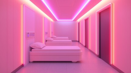 A modern hallway with illuminated pink ambient lighting, featuring several minimalist beds lined up against the walls.