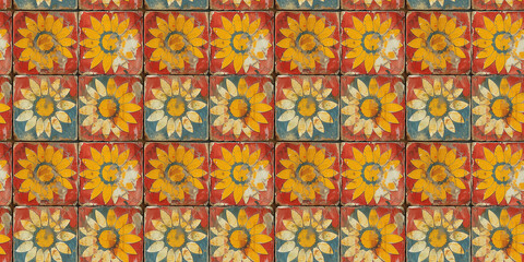 Vintage ceramic sunflower tiles with weathered texture and bright colors
