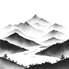  Serene Mountain Landscape in Ink Painting with Soft Grayscale Tones