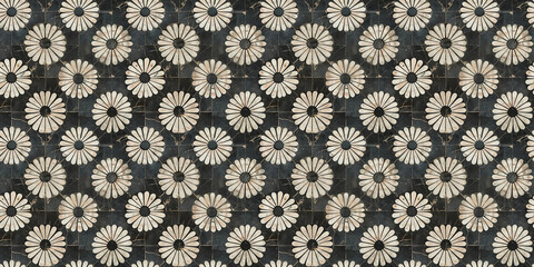 Geometric floral pattern with marble texture and symmetrical black and white design