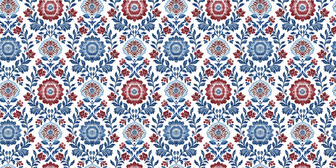 Intricate floral pattern with red and blue symmetrical designs on white background