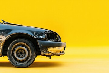 The damaged black car displays signs of significant auto accident damage