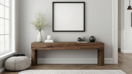 Fototapeta premium Simple and clean interior decoration, vases placed on wooden cabinets