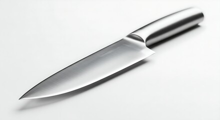 Fototapeta premium A modern stainless steel chef's knife with a sharp blade, placed on a white background.