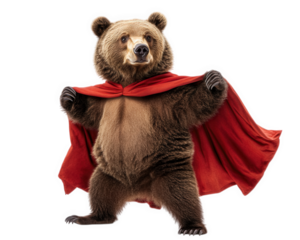 bear dressed as superhero, striking playful pose with red cape. This whimsical scene captures fun and imagination of animals in costumes