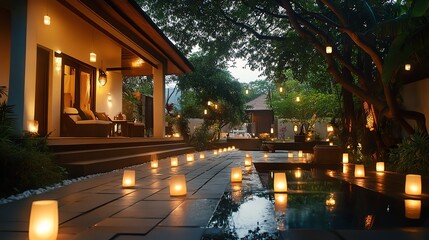 Naklejka premium An ancestral home decorated with diya lanterns, a feast laid out in the courtyard, nostalgic Indian heritage