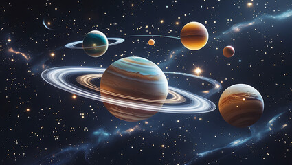 A mesmerizing 4D visual representation of celestial bodies in motion, set against a mysterious, dark black space galaxy background, created by generative ai