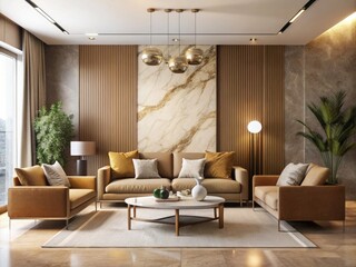 Fototapeta premium Modern beige and brown living room, minimalist design featuring a marble accent wall.