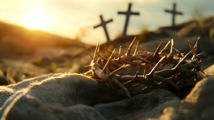Crown of thorns and crosses against a sunset sky as a symbol of christianity faith