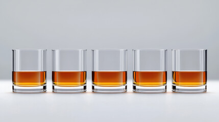 Five neatly arranged whiskey glasses filled with amber liquid, showcasing modern and elegant presentation. Perfect for sophisticated gathering or bar setting