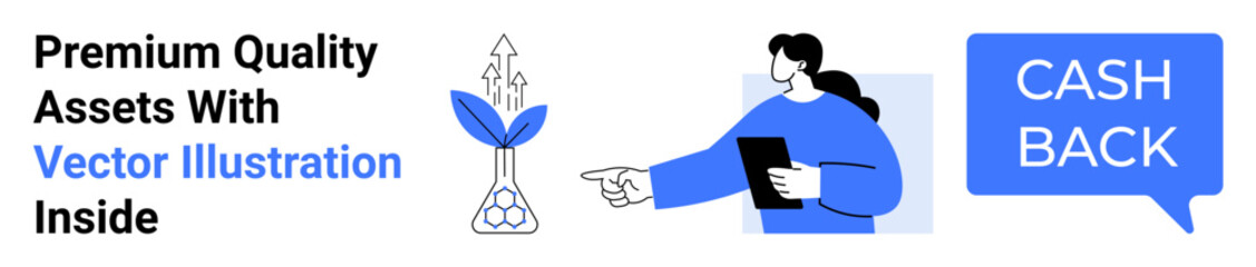 Woman holding tablet pointing at growing plant with arrows, cashback speech bubble. Ideal for financial growth, investment, rewards, eco-concepts, education, promotions, flat landing page banner