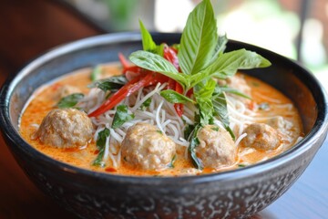 Delicious Thai Noodle Soup with Flavorful Broth and Meatballs Garnished with Fresh Herbs