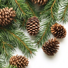 Christmas pine branches and cones on white background