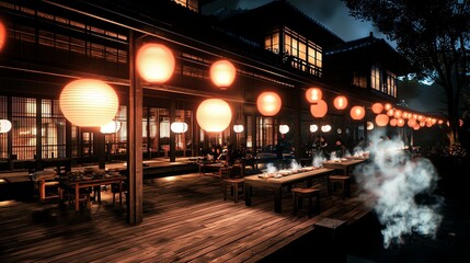A traditional Asian courtyard at night