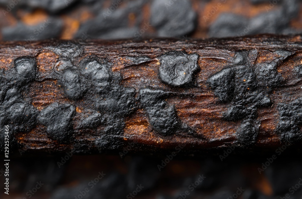 Poster close-up of burnt wood surface showing intricate textures and patterns in dark tones and natural col