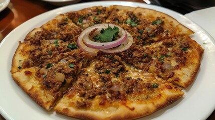 Delicious Turkish Lahmacun with Ground Meat, Fresh Vegetables, and Aromatic Herbs on Crispy Flatbread