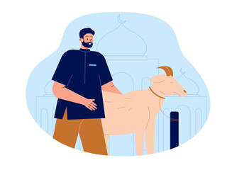 Muslim man bring goat for Eid Illustration. Moslem illustration. Flat vector illustration concept.